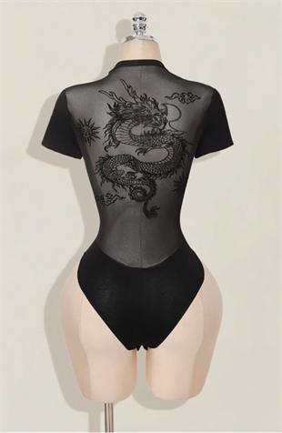 Siyah Dragon Baskılı Sırtı Transparan Kısa Kollu Çıtçıtlı Body