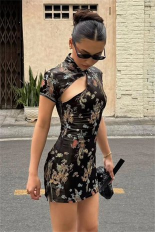 Siyah Dragon Desenli Qipao Y2K Elbise