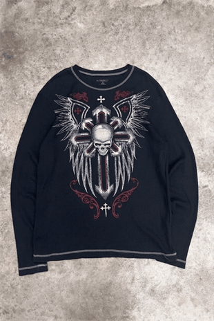 Siyah Gotik Skull Cross Motifli Dikiş Detaylı Y2K Unisex Sweatshirt