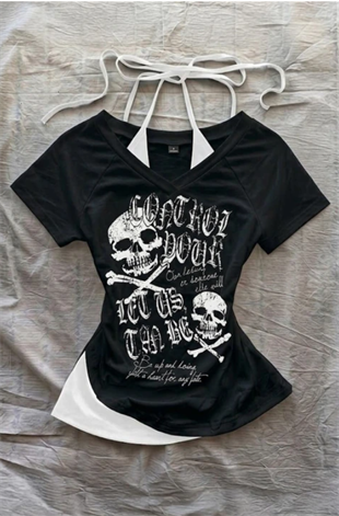 Siyah Gotik Skulls Control Ek Askılı Y2K Kısa Kollu Crop