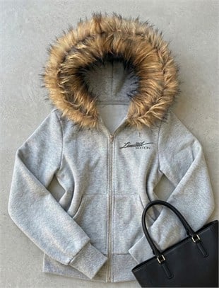 Siyah Kürklü Limited Edition Baskılı 3 İplik Y2K Kapüşonlu Hırka