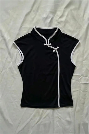 Siyah Mandarin Yaka Beyaz Şeritli Qipao Y2K Kısa Kollu Crop