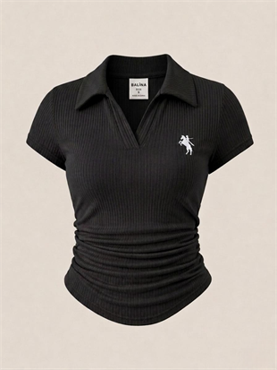 Siyah Polo Yaka Fitilli Premium Bluz