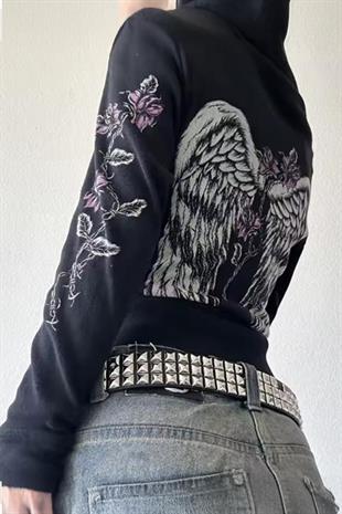 Siyah Sırtı Kanatlı Gotik Flower Y2K Crop Hırka