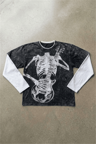 Siyah Skeleton Guitar Gotik Beyaz Kollu Y2K Uzun Kollu T-Shirt