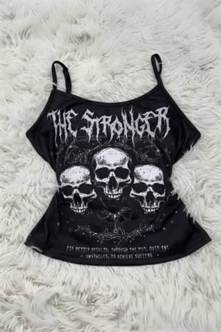 Siyah The Stronger Gotik Y2K Askılı Crop