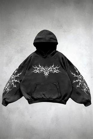 Siyah Tribal Deer Gotik Y2K Kapüşonlu Unisex Sweatshirt
