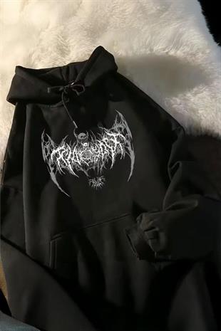 Siyah Tribal Gotik Skeleton Y2K Kapüşonlu Unisex Sweatshirt