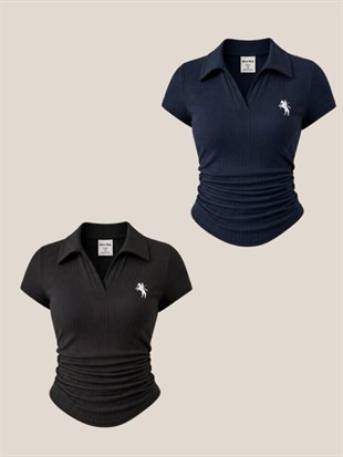 Siyah ve Lacivert  Polo Yaka Fitilli Premium Bluz