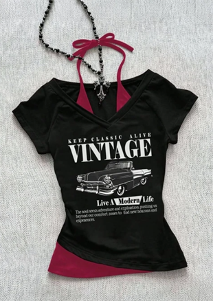 Siyah Vintage Modern Life Ek Askılı Y2K Kısa Kollu Crop
