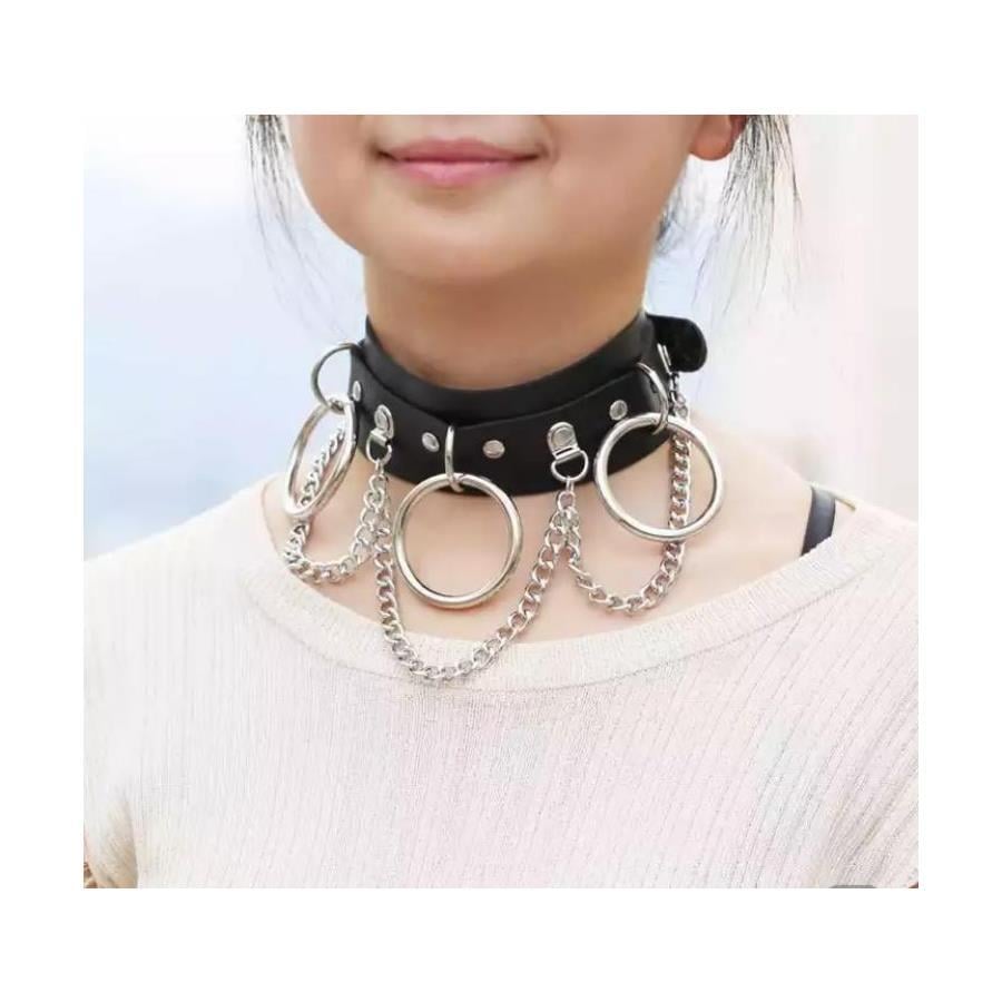 3 Halka Ve Zincir Detay Suni Deri Chocker