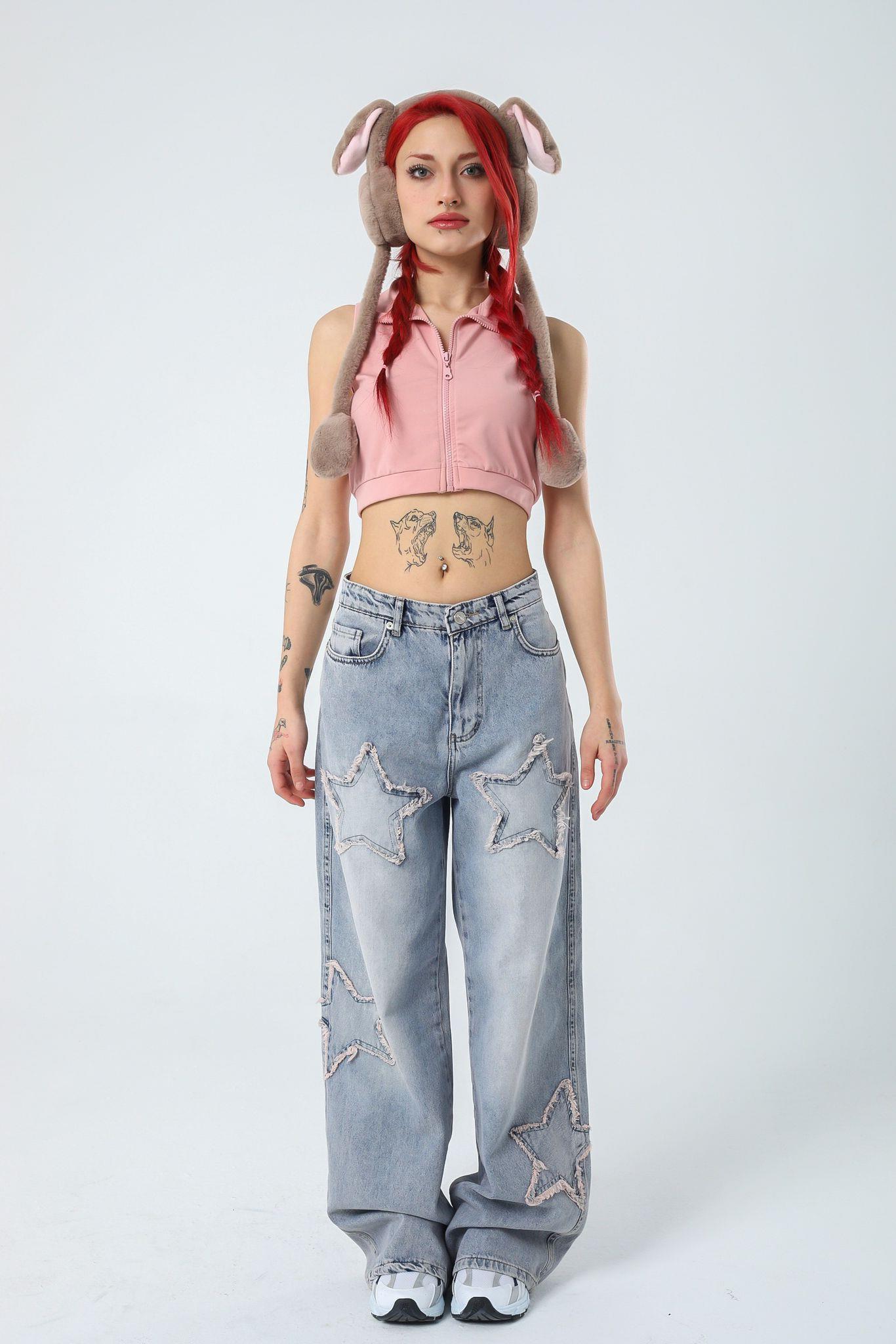 Açık Mavi Yıldız Detaylı Baggy Pantolon