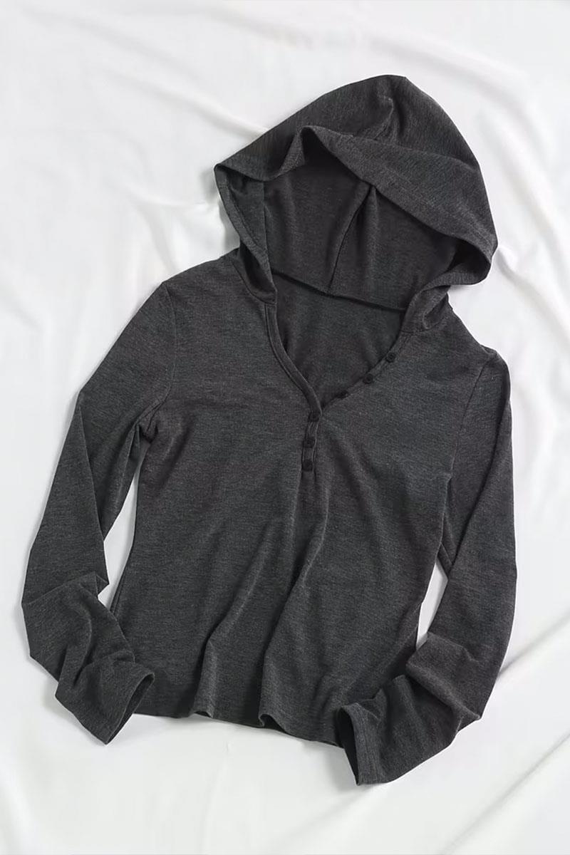 Antrasit Henley Yaka Y2K Kapüşonlu Uzun Kollu Crop