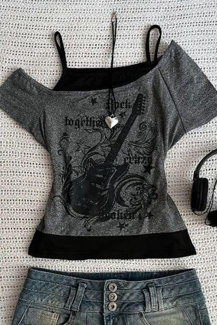 Antrasit Vintage Guitar Açık Yaka Ek Askılı Crop
