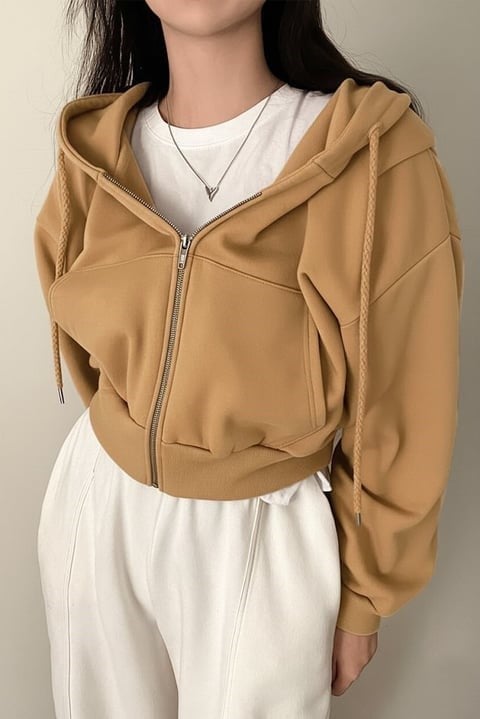 Bej Crop Top Kalın Kumaş Kapüşonlu Y2K Crop Hırka