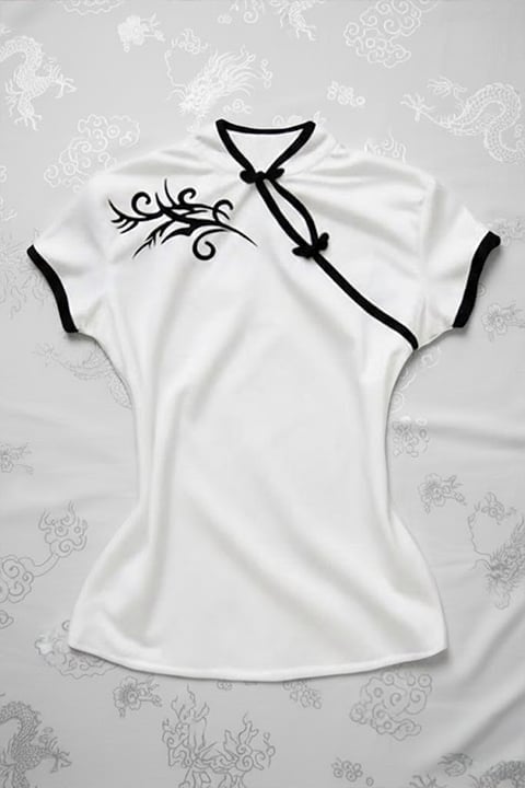 Beyaz Çin Yakalı Floral Motifli Beyaz Şeritli Vintage Y2K Kısa Kollu Crop
