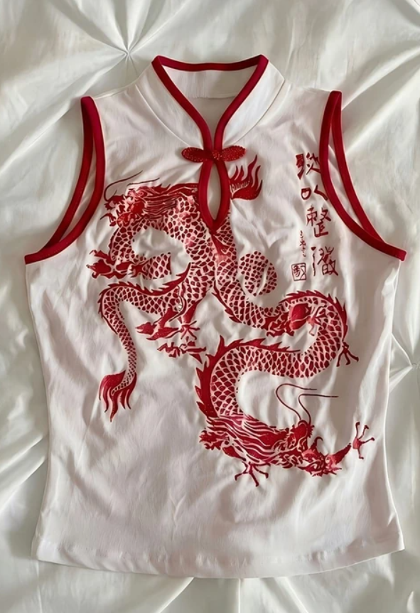 Beyaz Ejderha Motifli Kırmızı Şeritli Qipao Y2K Kısa Kollu Crop