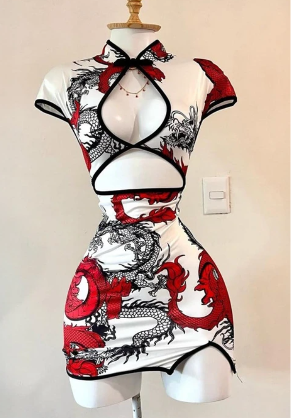 Beyaz Ejderha Motifli Pencere Detaylı Şeritli Qipao Elbise
