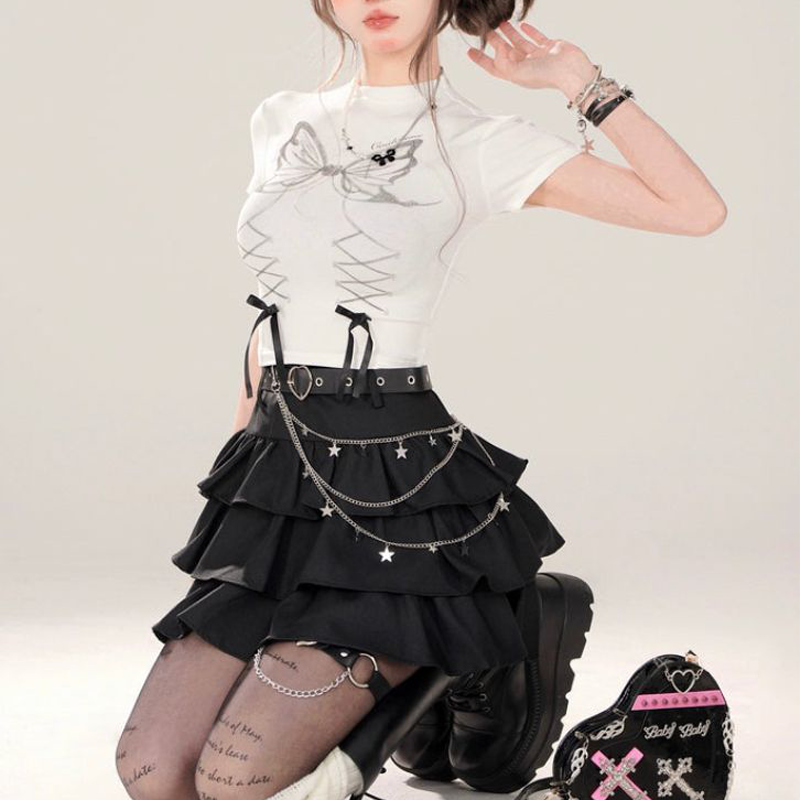 Beyaz Fiyonklu Gri Butterfly Kısa Kollu Crop