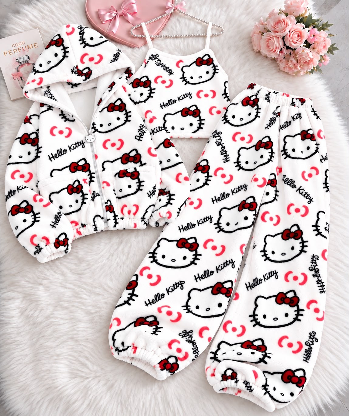 Beyaz Hello Kitty Cloudy 3'lü Peluş Hırkalı Takım