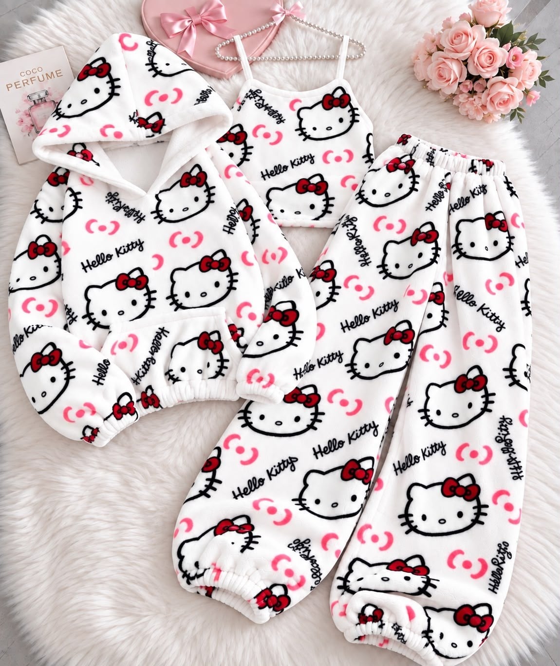 Beyaz Hello Kitty Cloudy 3'lü Peluş Sweatli Takım