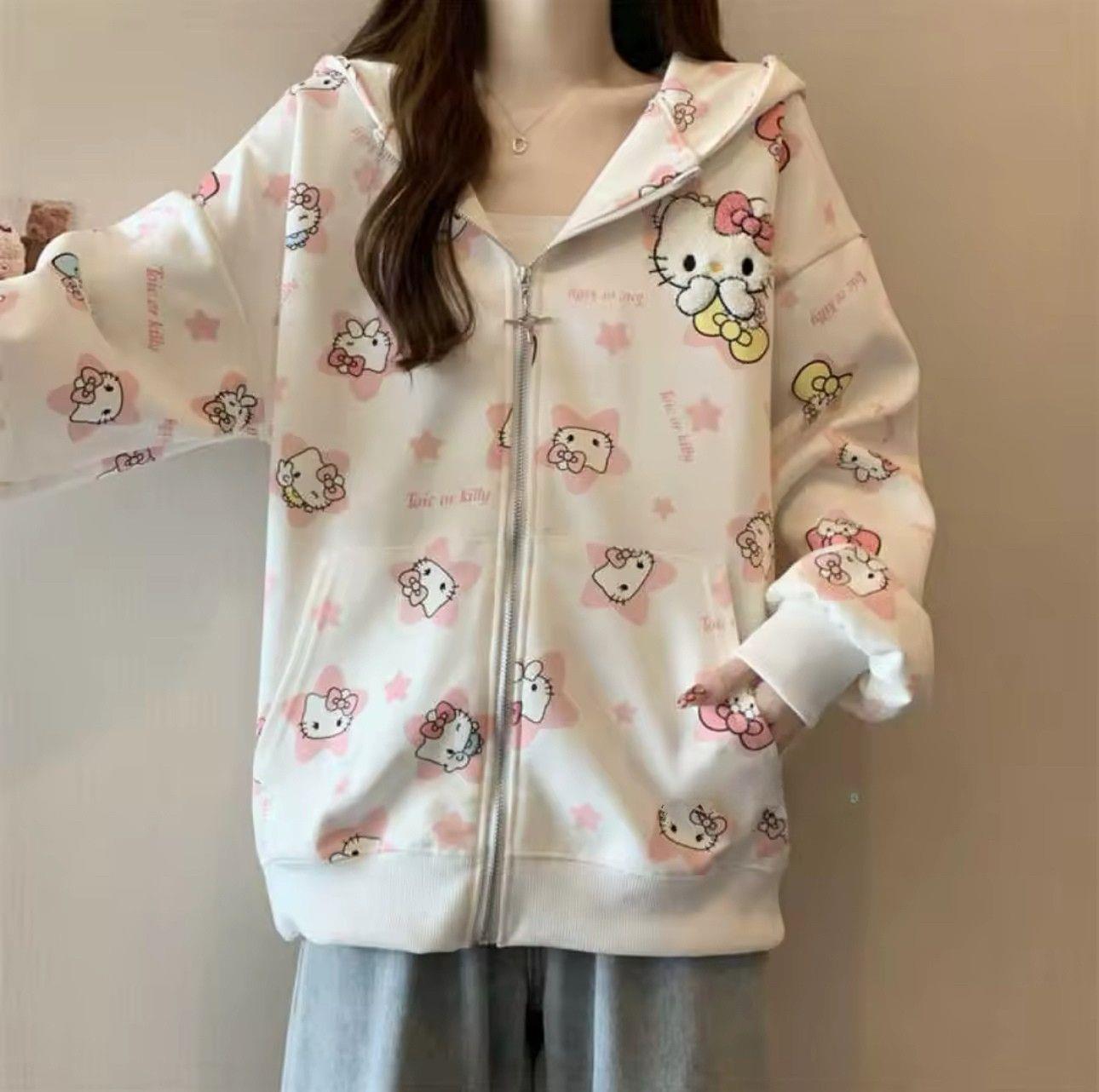 Beyaz Hello Kitty Desenli Yeni Fermuarlı Hırka