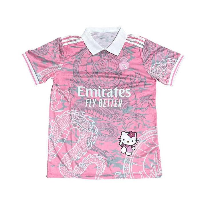 Beyaz Kitty Madrid Dragon Jersey Siyah Düğmeli Yaka T-shirt