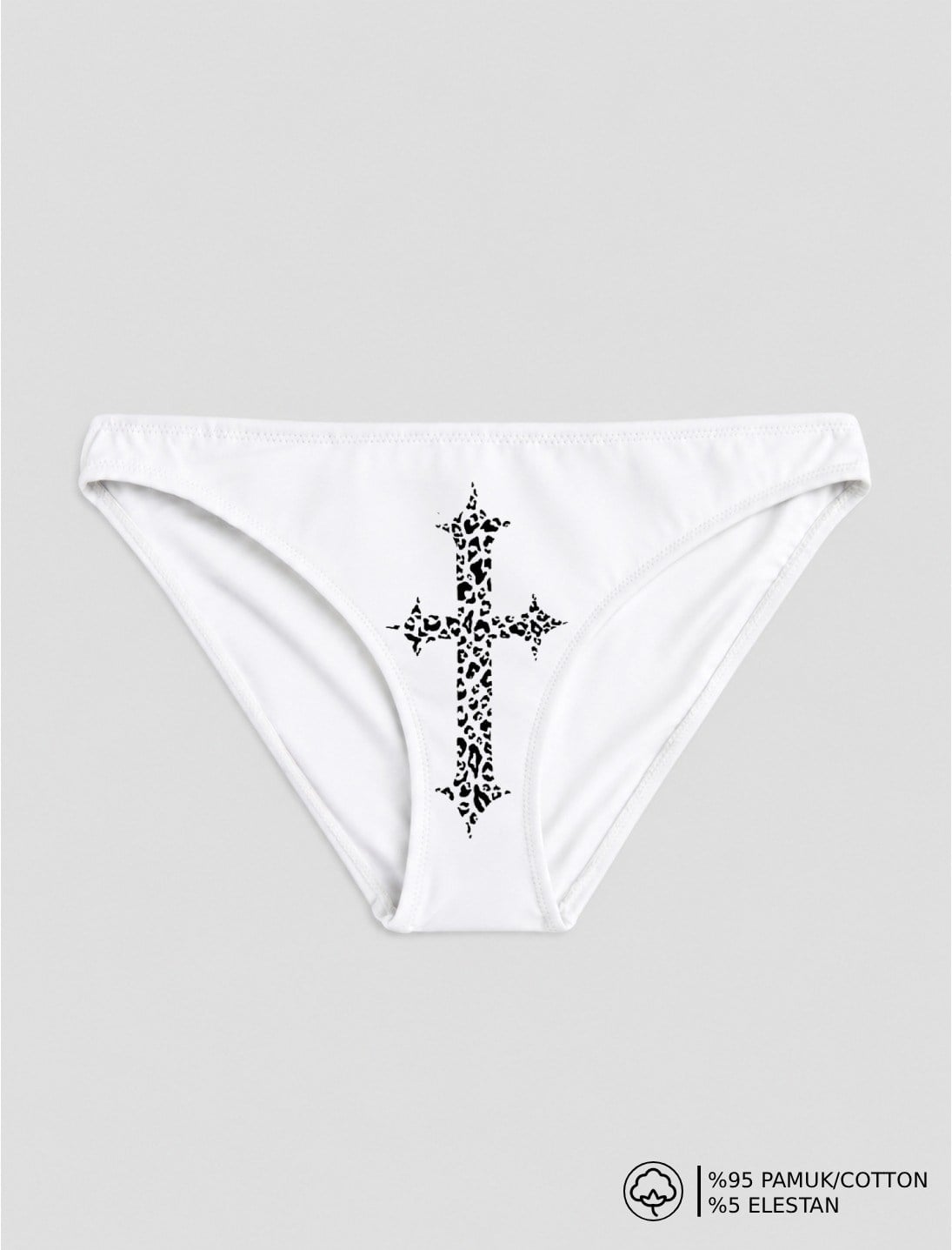Beyaz Leopar Haç Baskılı Bikini Kalıp Külot