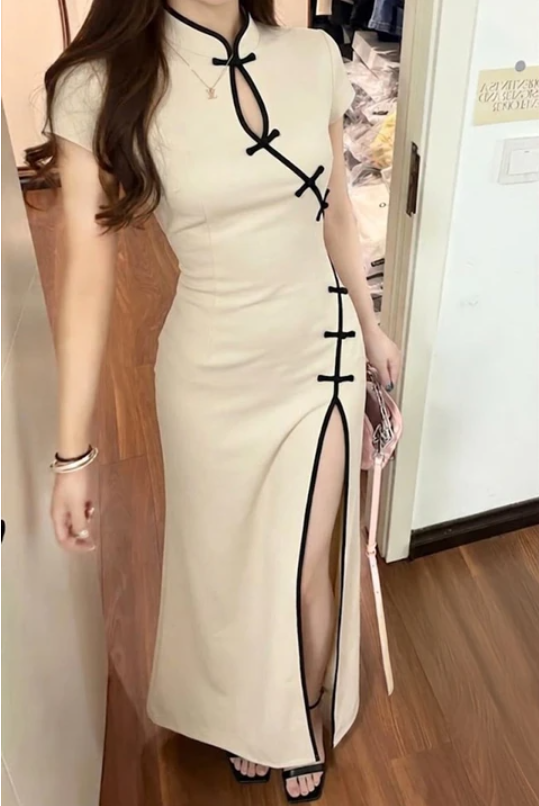 Beyaz Mandarin Yaka Siyah Şeritli Qipao Y2K Elbise