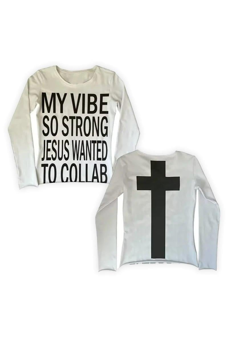 Beyaz My Vibe Cross Sırt Baskılı Y2K Uzun Kollu Crop
