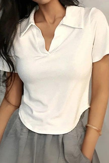 Beyaz Oval Kesim V Polo Yaka Kısa Kollu Crop