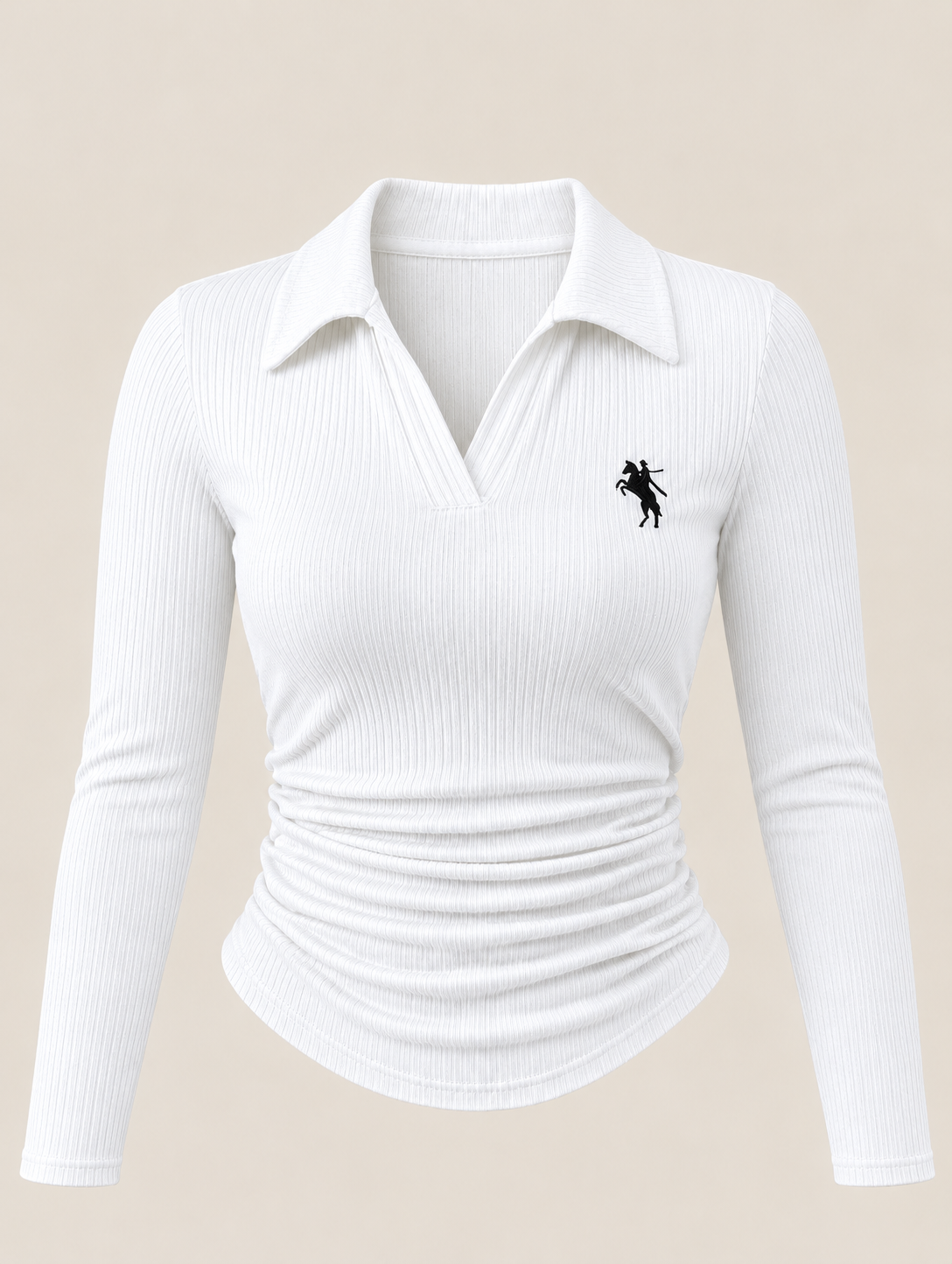 Beyaz Polo Yaka Fitilli Premium Uzun Kollu Bluz