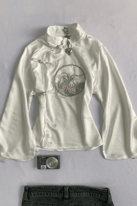 Beyaz Qipao Nakış Deatylı Y2K Uzun Kollu Crop