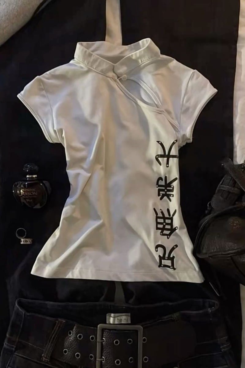 Beyaz Qipao Vintage Pencere Detaylı Y2K Kısa Kollu Crop