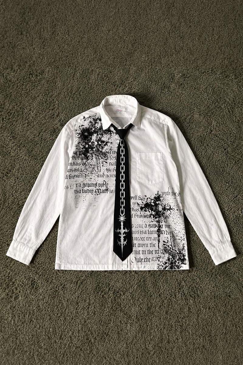 Beyaz Skull Gotik Siyah Zincir Baskılı Kravatlı Grunge Y2K Unisex Uzun Kollu Gömlek