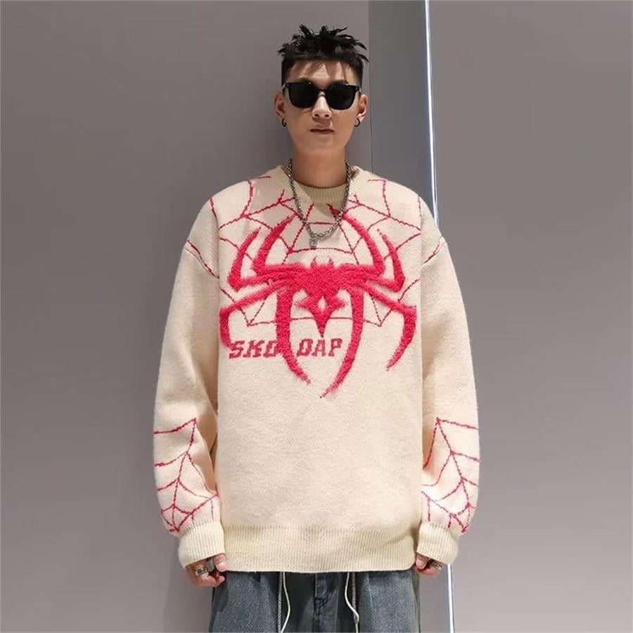 Beyaz Spider-Man Örümcek Ağı Oversize Kazak