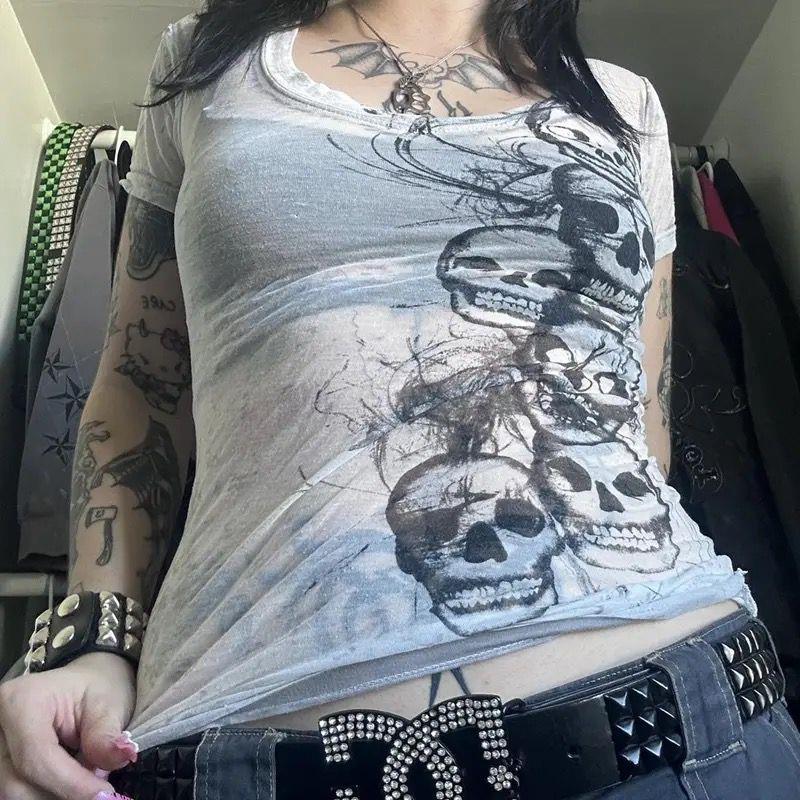 Beyaz Transparan Gothic Skulls Cyber Grunge Full Body Kısa Kollu Crop