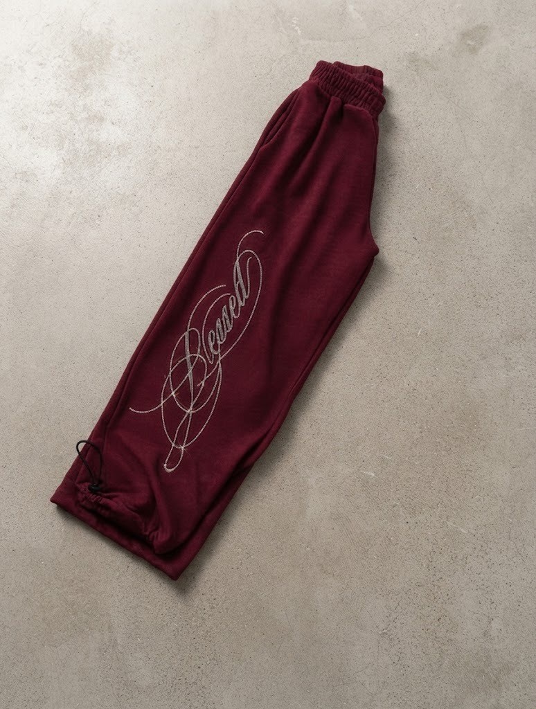 Bordo Blessed Script Taş Detaylı Eşofman Altı