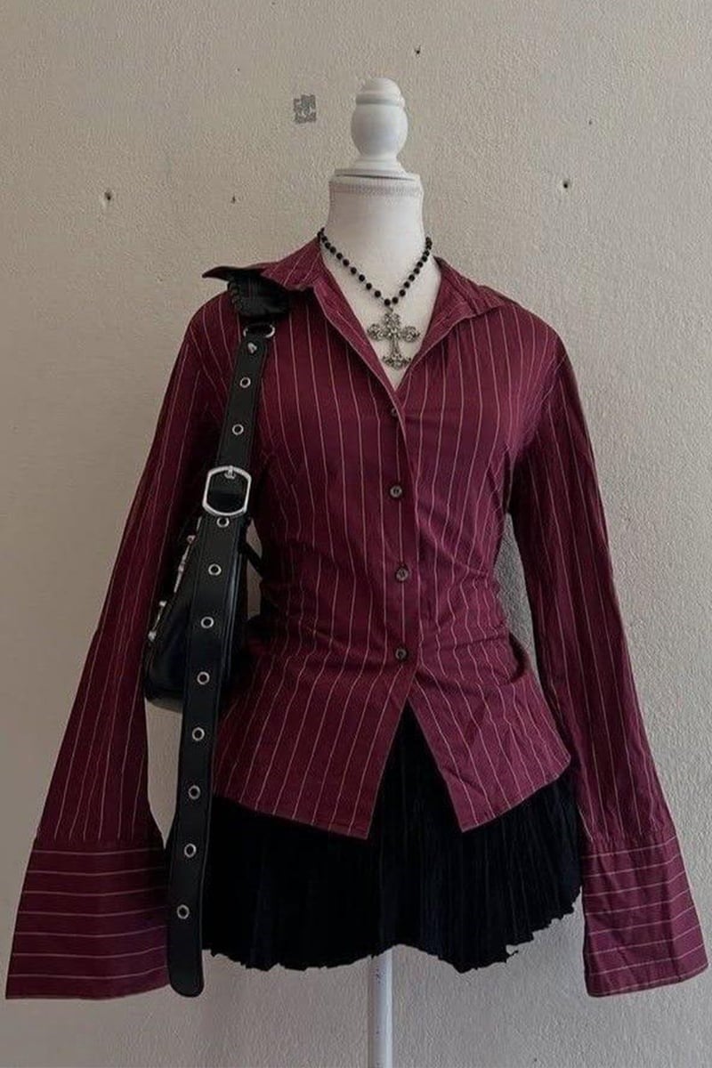 Bordo Çizgili Vintage Mini Puff Sleeve Goth Y2K Uzun Kollu Gömlek