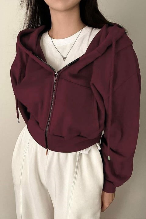 Bordo Crop Top Kalın Kumaş Kapüşonlu Crop Hırka