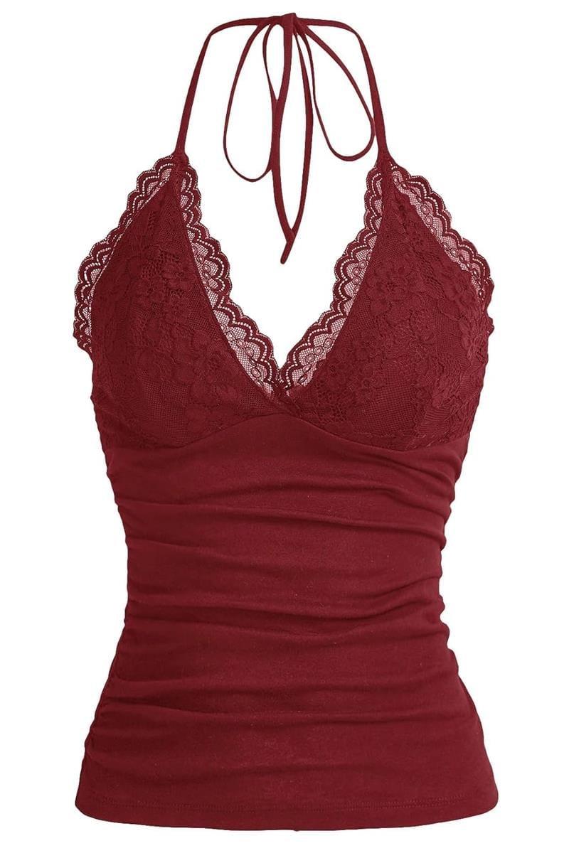 Bordo Dantelli V Yaka Gothic Boyun Bağlamalı Full Body Crop
