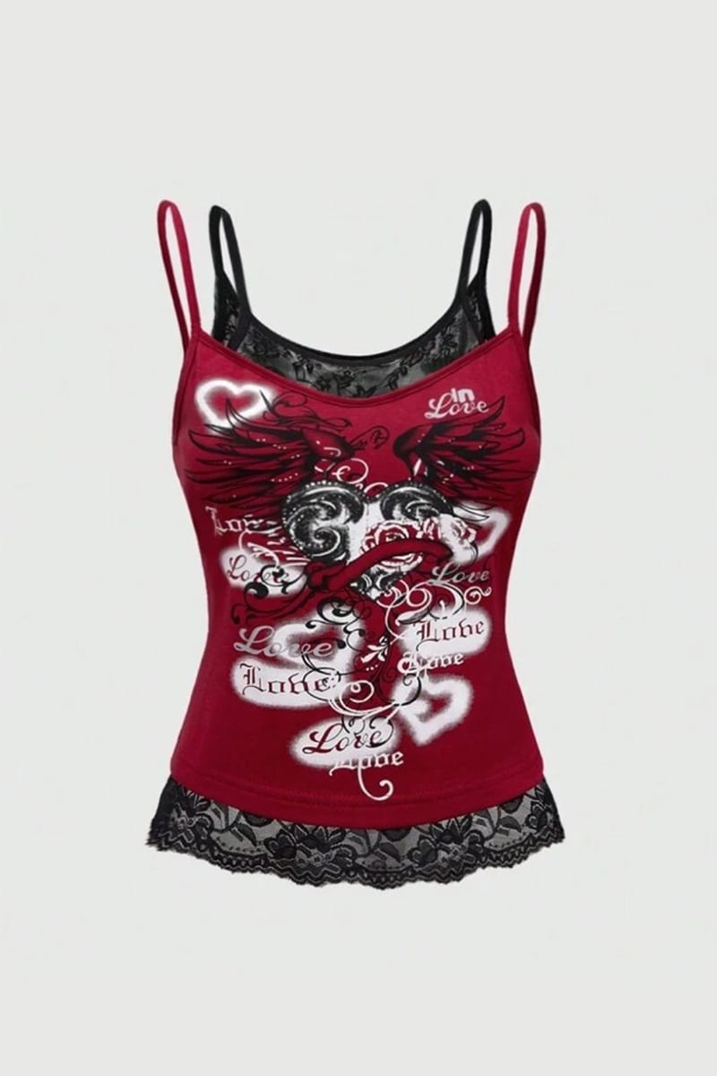 Bordo Gotik Coquette Love Dantel Detaylı Y2K Askılı Crop