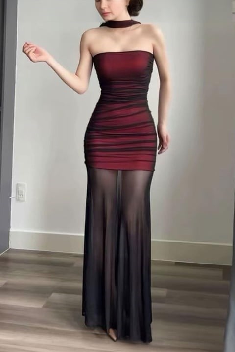Bordo Gotik Transparan Tül Uzun Elbise