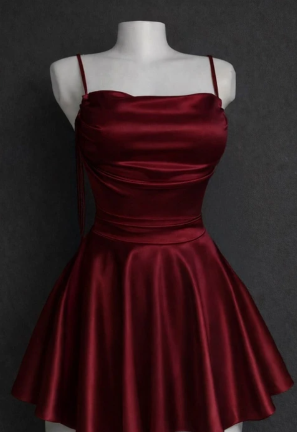 Bordo Saten Drape Detaylı İp Askılı Elbise