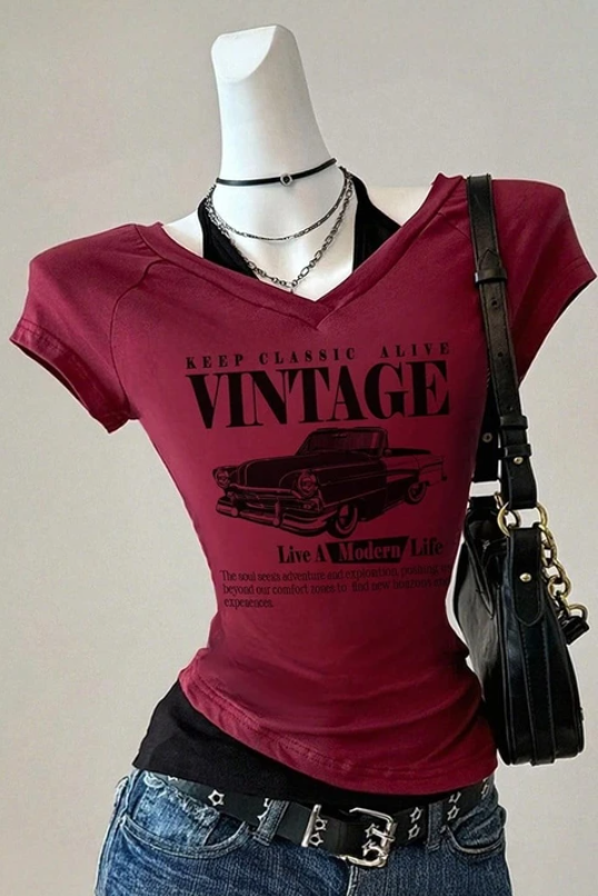 Bordo Vintage Modern Life Ek Askılı Y2K Kısa Kollu Crop