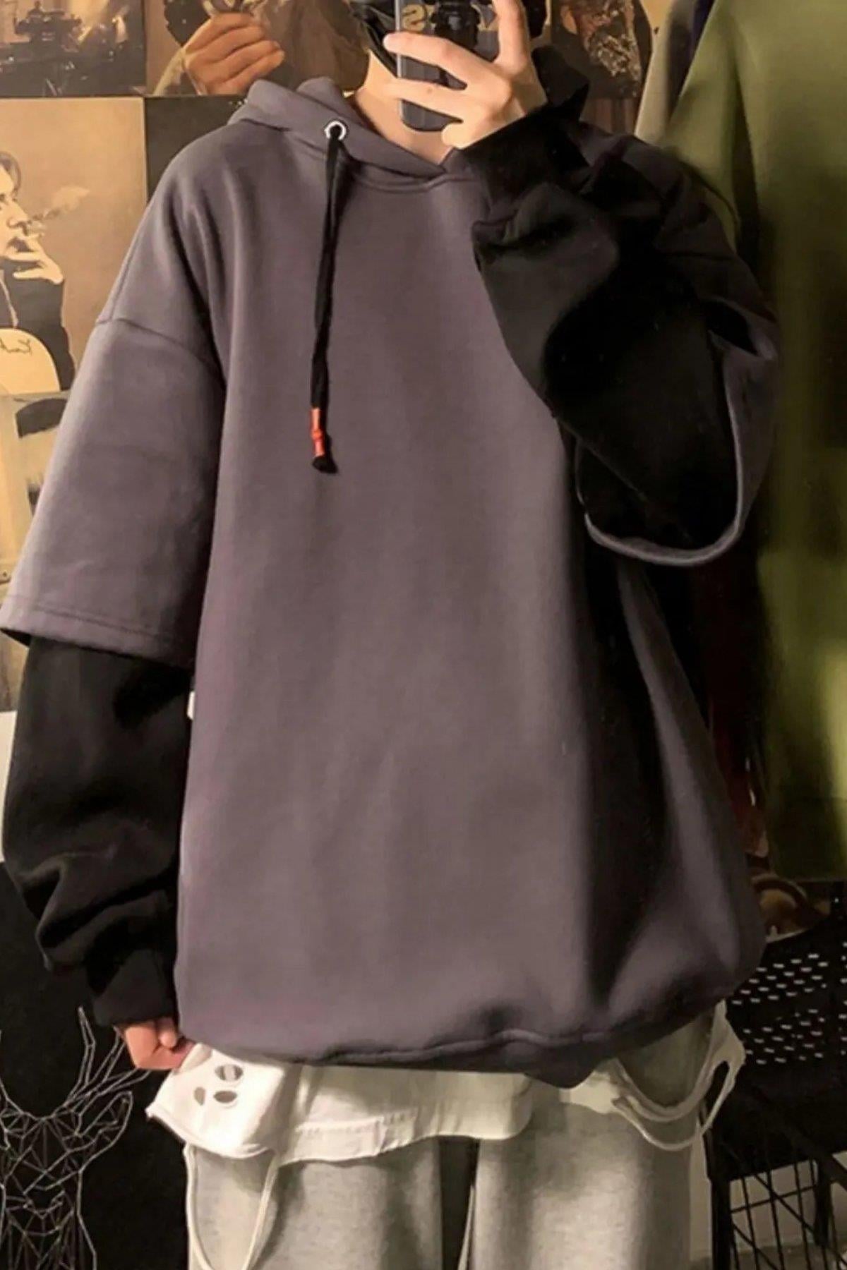 Düz Füme Siyah Fake Sleeve Kapüşonlu Sweatshirt