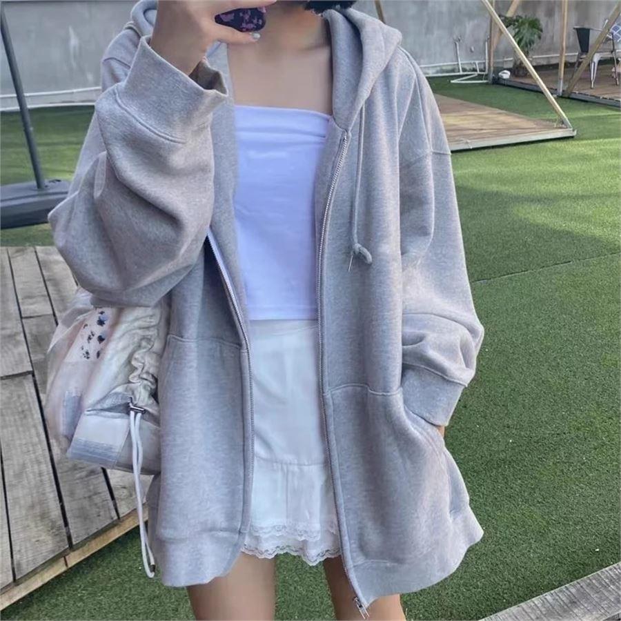 Düz Gri Melanj Fermuarlı Kalın Kumaş (Unisex) Kapüşonlu Sweatshirt