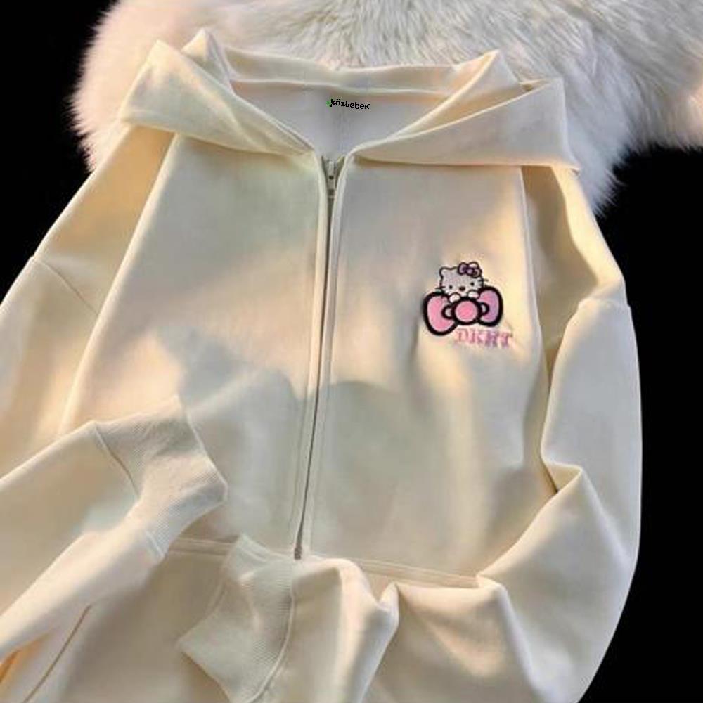 Ekru Hello Kitty DKHT Best Fermuarlı (Unisex) Kapüşonlu