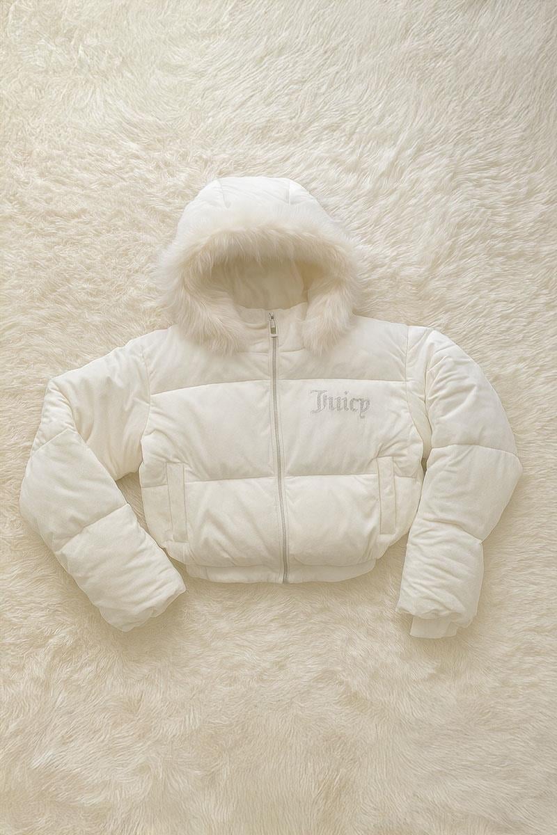 Ekru Juicy Peluş Kapüşonlu Şişme Crop Mont