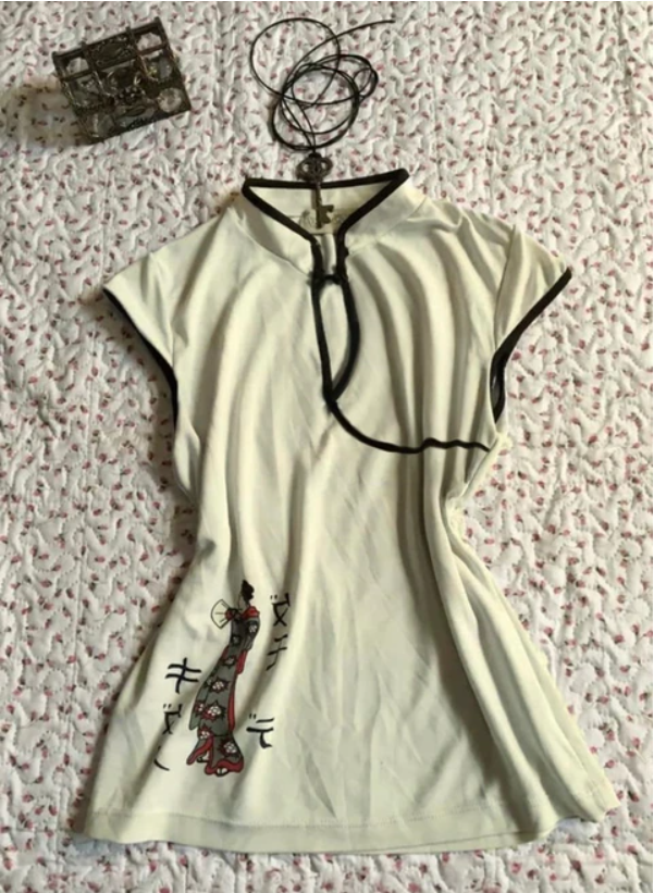 Ekru Mandarin Yaka Vintage Geisha Baskılı Y2K Kısa Kollu Crop